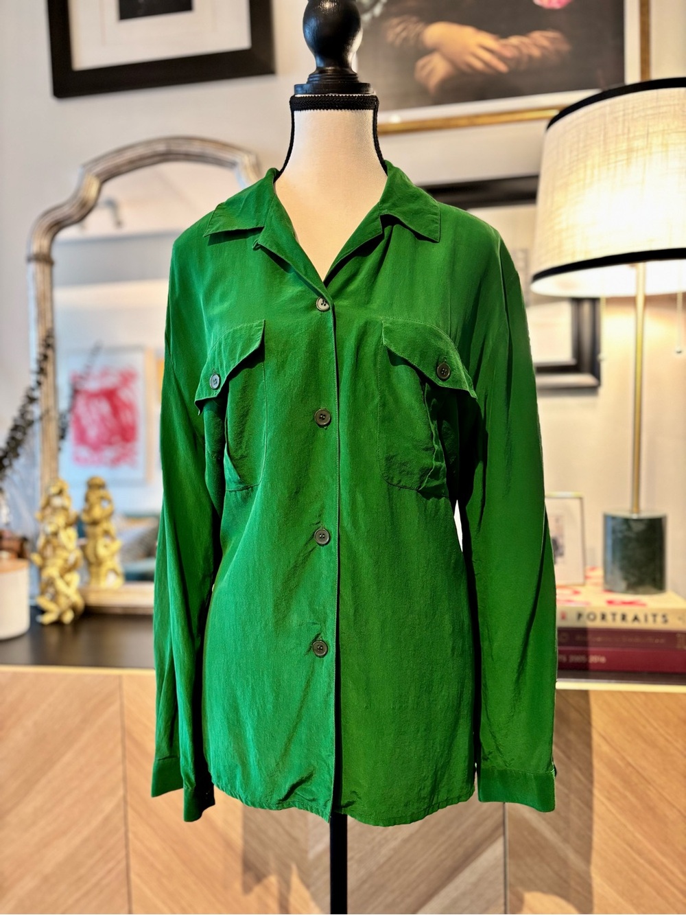 100% Silk PRINCIPLES Vintage Emerald Green Button-Up Shirt Medium - Picture 3 of 12